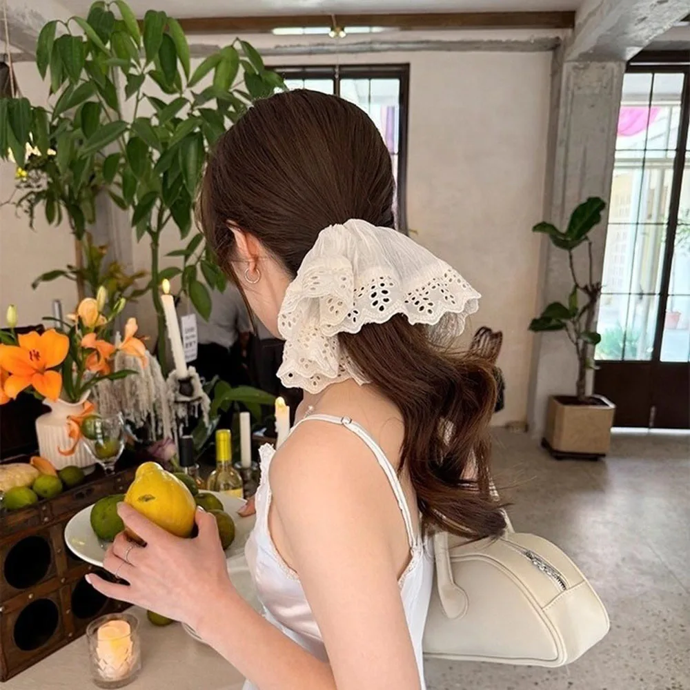

Нежная кремово-белая кружевная полая эластичная повязка для волос, веревка для волос с толстой кишкой, простой модный тканевый аксессуар для волос