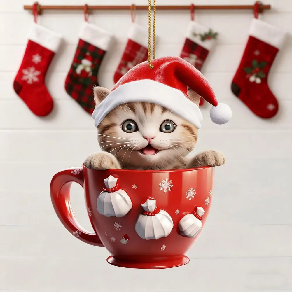 Bright Color Ornament Festive Cat Mug Charm Hanging Decor for Christmas Party 2d Acrylic Pendant with Lanyard Holiday for Cat