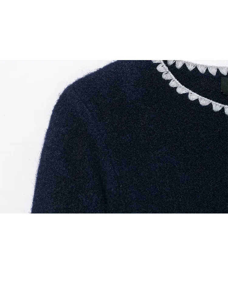 HH امرأة الشتاء موضة الجولة الرقبة الدانتيل والتطريز الديكور واحدة الصدر طويلة الأكمام محبوك سترة الإناث سليم صالح معطف #5