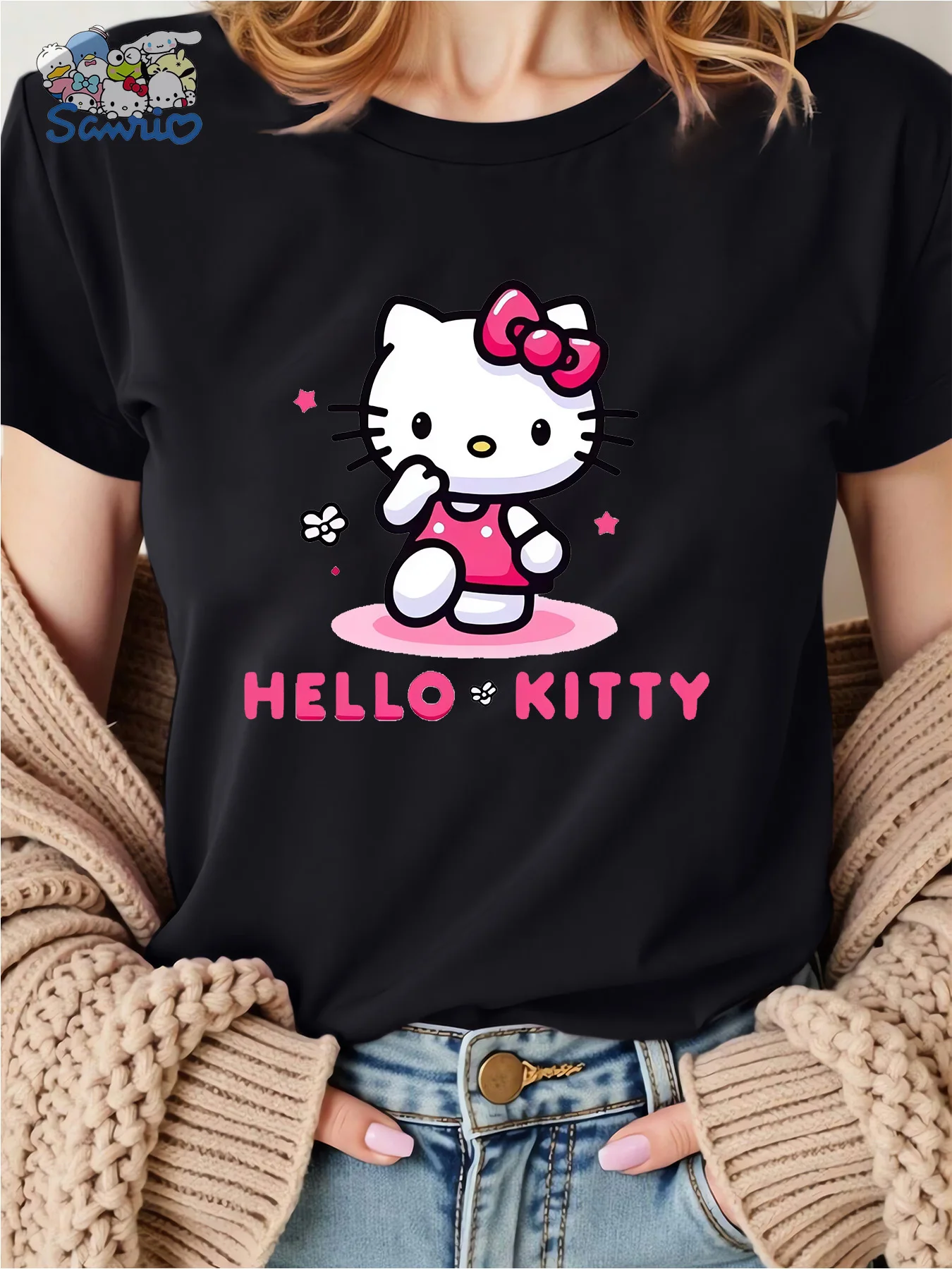 

Hello Kitty Graphic Printing Summer Autumn Winter Cotton Men's and Women's T-Shirts Short Sleeves Luxury Outdoor Sports