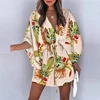 Women Casual Loose Dress Beach Boho Dress Fashion Vintage Print V Neck Drawstring Mini Dress Summer Dresses Robe Femme 2022