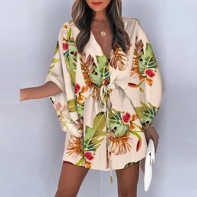 Women Casual Loose Dress Beach Boho Dress Fashion Vintage Print V Neck Drawstring Mini Dress Summer Dresses Robe Femme 2022