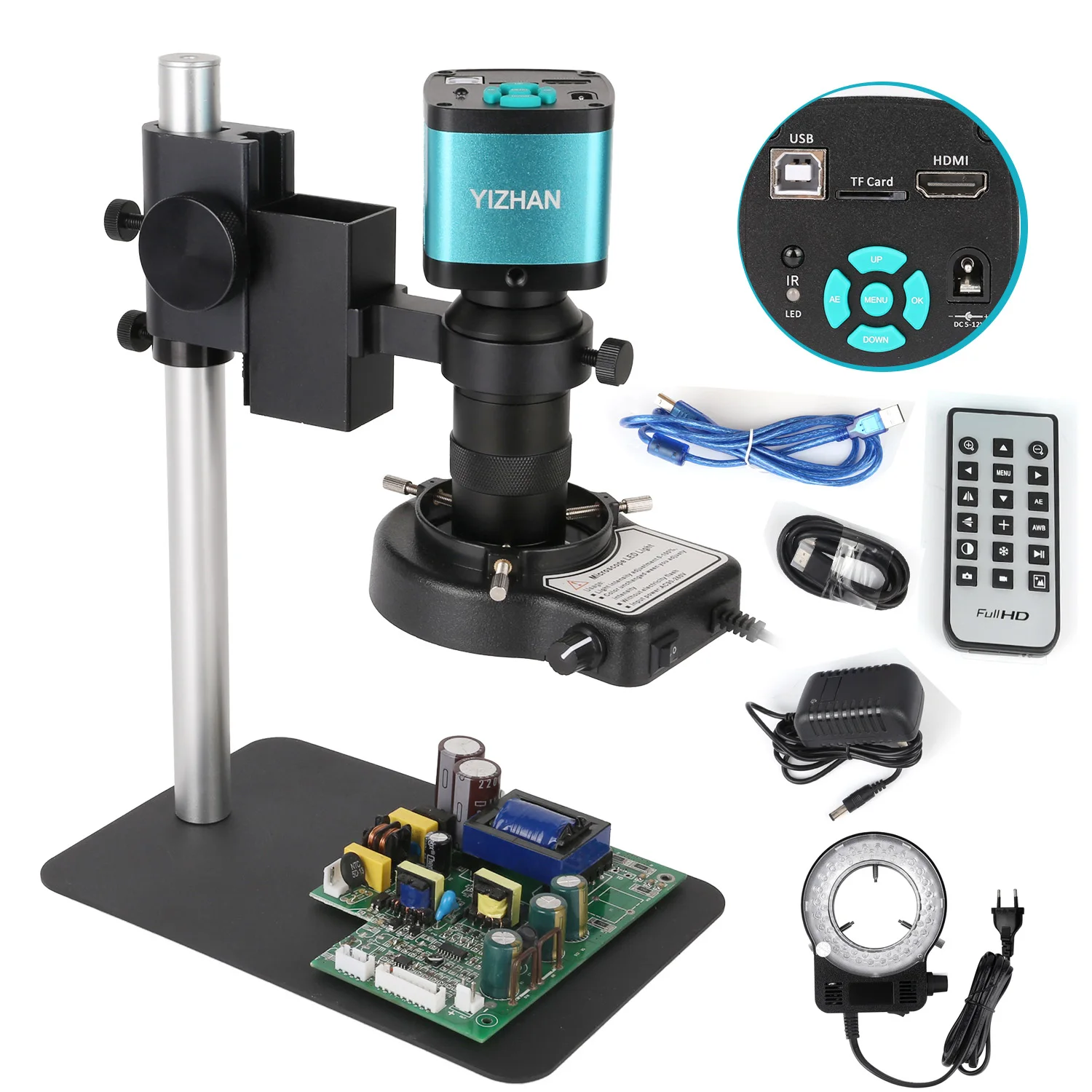 48MP 38Mp 4K 2K HDMI USB Industrial Digital Video Microscope Camera Zoom 130X C-Mount Lens LED Ring Light For Repair Soldering
