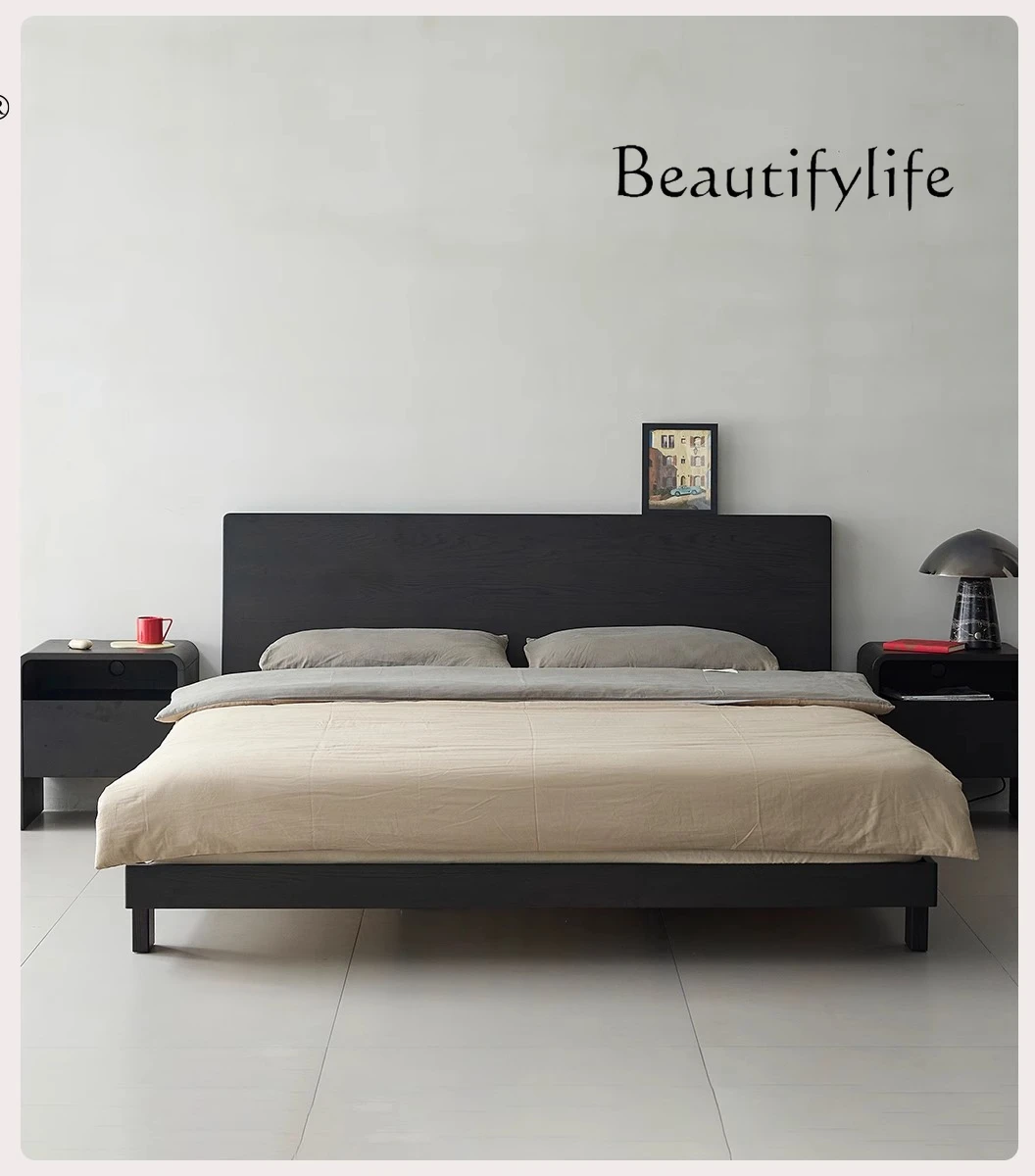 Black solid wood bed master bedroom furniture simple retro 1.8 meters double bed small apartment large board bed