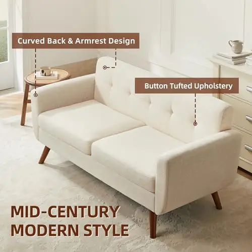 65' Beige Button Tufted Loveseat Sofa, Modern Living Room Couch