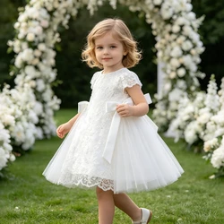 Infant White Lace Christening Gown Cap Sleeve Tulle Tutu Dress Big Side Bow Baby Girl Wedding Flower Girl Baptism Formal Outfit