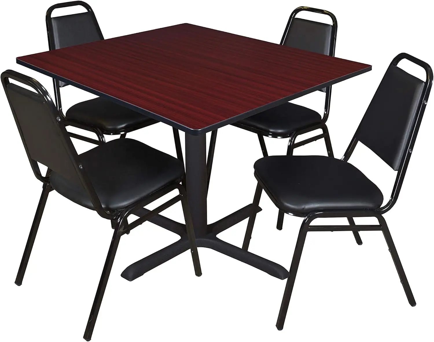 Cain 48"" Square Breakroom Table- Mahogany & 4 Restaurant Stack Chairs- Black