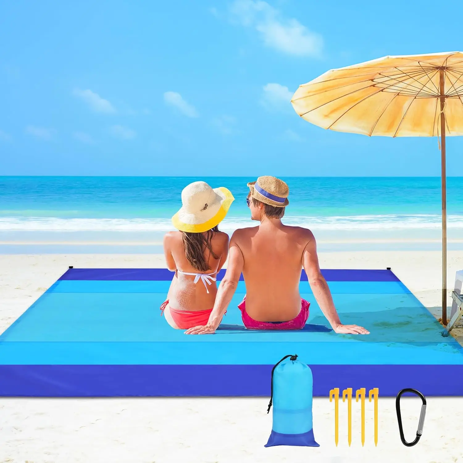 

Beach Blanket Sandproof Waterproof Extra Large 82x79 in Picnic Mat with Storage Bag & Fixed Nails for Outdoor Camping