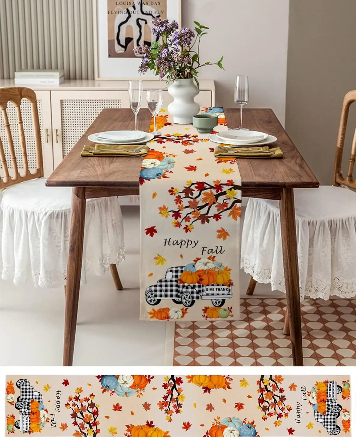Fall Harvest Pumpkins Truck Linen Table Runner Thanksgiving Autumn Maple Leaves Table Runners Dresser Scarf Kitchen Table Decor