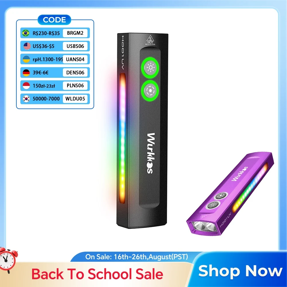Wurkkos HD01 UV Multifunktionale EDC-Taschenlampe 1200 Lumen mit 365nm UV-Licht Weißes Flutlicht 90CRI Seitliche RGB-Leuchten Taschenlampe