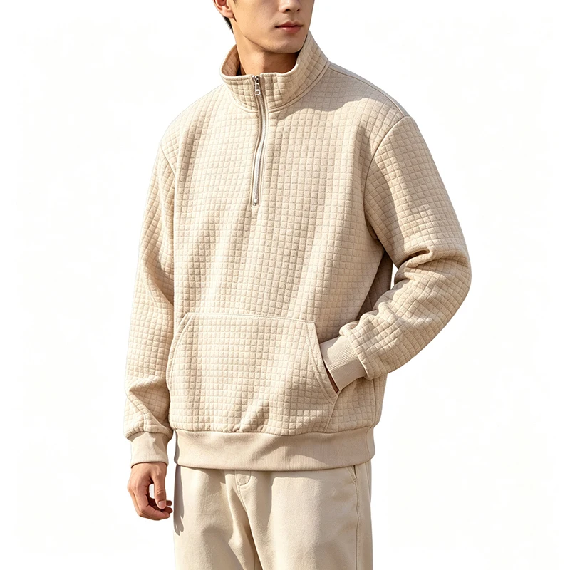 Men Waffle Knit Half Zip Sweatshirt Stand Collar Loose Fit Long Sleeve Pullover Kangaroo Pocket Casual Outdoor Autumn Top