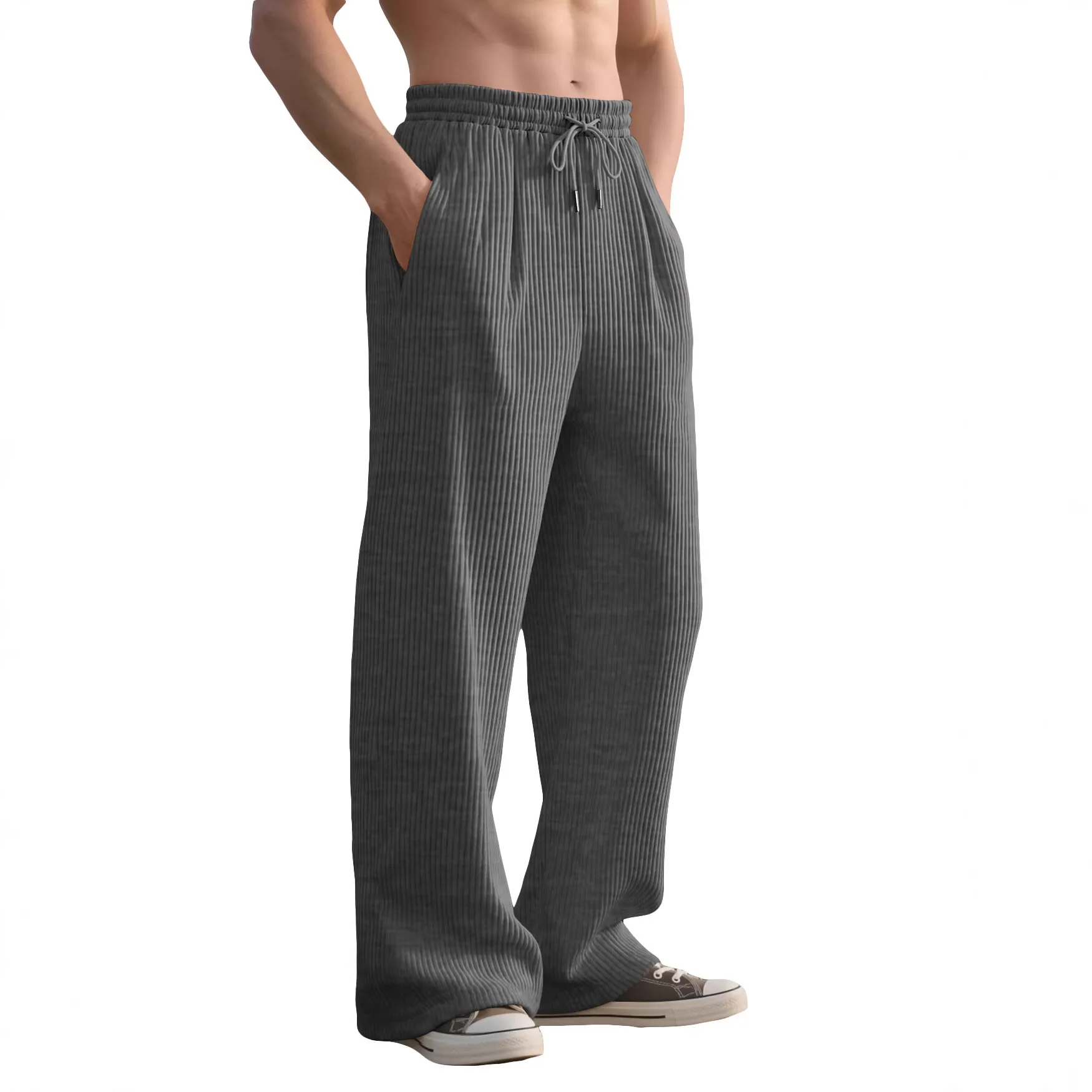 Spring And Autumn Men's Casual Trousers Loose Straight Pants Vertical Striped Medium High Waist Wide Leg Pants Men's