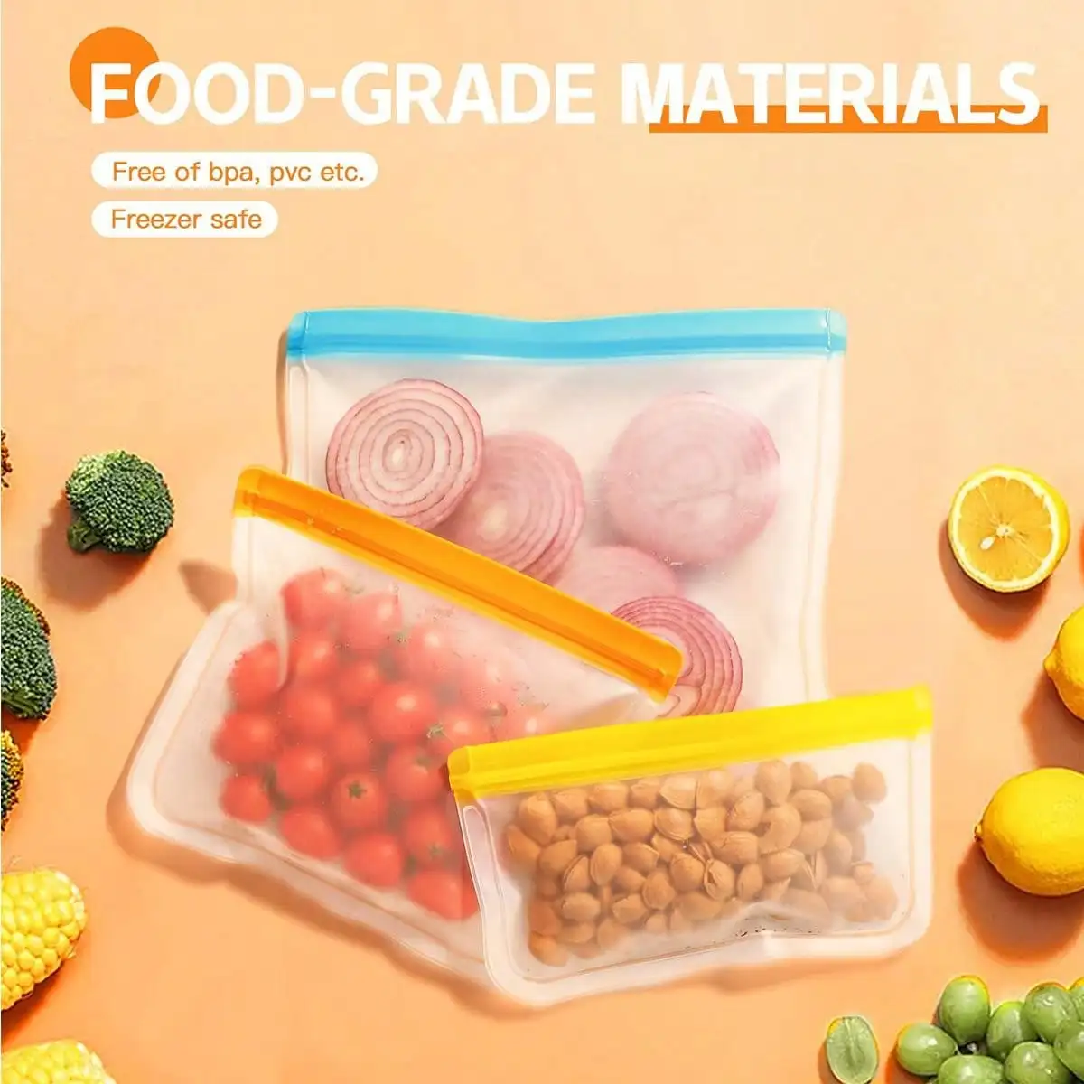 10pcs(3 Large +4 Medium +3 Small) Leak-Proof Reusable Silicone Food Storage ,Gallon Freezer&Sandwich&Snack Bag