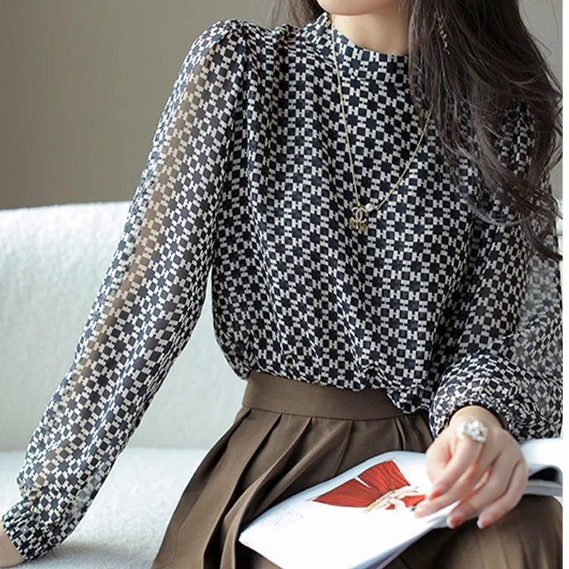 2022 Summer New Temperament Office Print Blouses O Neck Long Sleeve Tops Chiffon Simplicity Shirts Fashion Casual Women Clothing