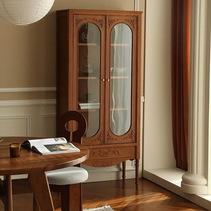 

North American all-solid wood home retro solid wood wine cabinet caramel color display cabinet living room