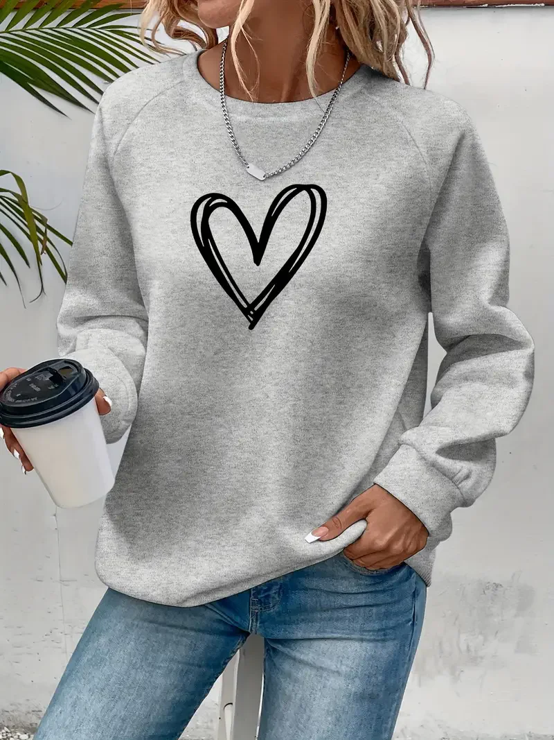 Heart Print Pullover Sweatshirt, Casual Long Sleeve Crew Neck Sweatshirt For Spring & Fall, Women\'s Clothing