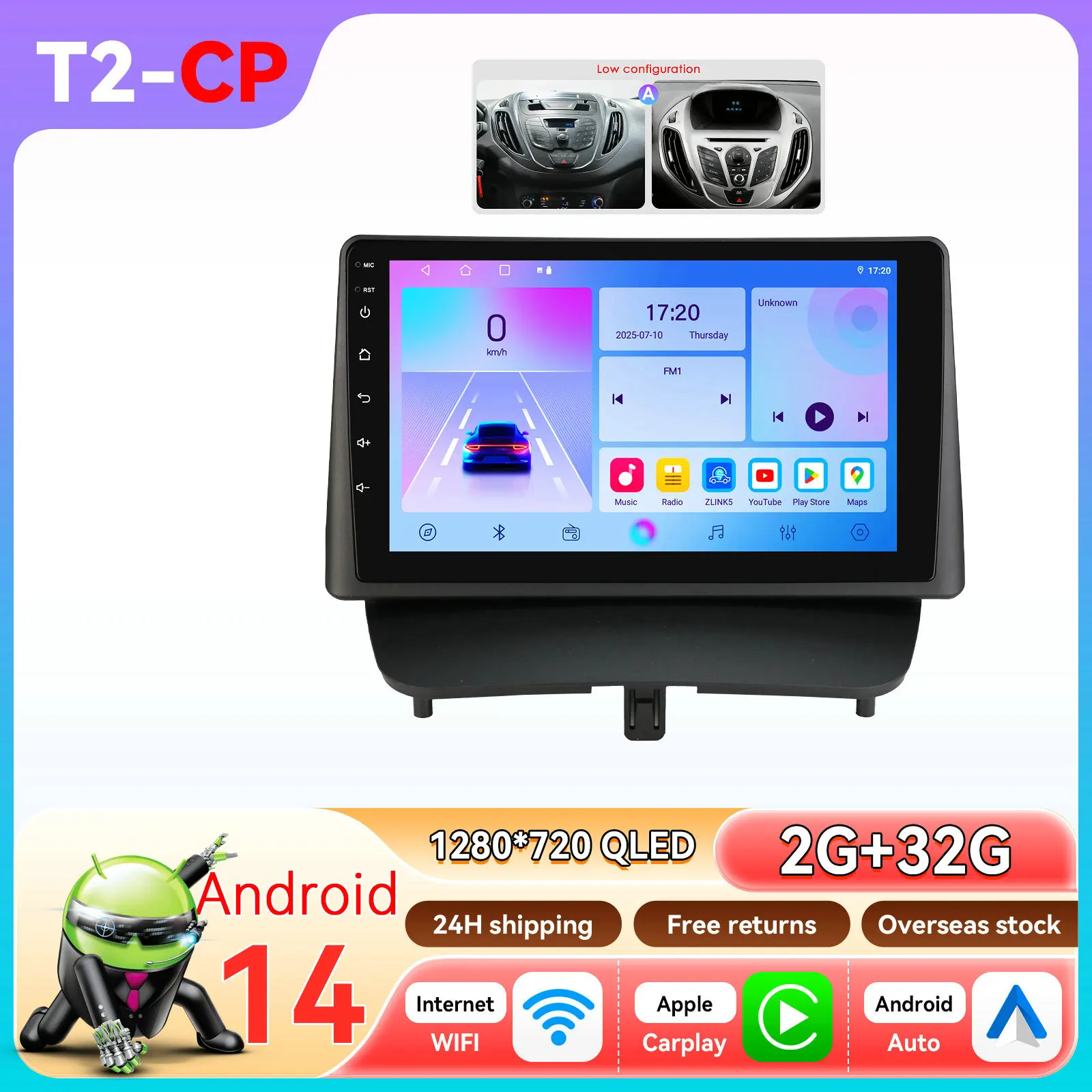 Hizpo Android 14 autoradio met Carplay voor Ford Transit Tourneo Courier 2013 - 2021, Android Auto, 2-DIN radio met GPS, Bluetooth, WiFi, RDS, microfoon en achteruitrijcamera