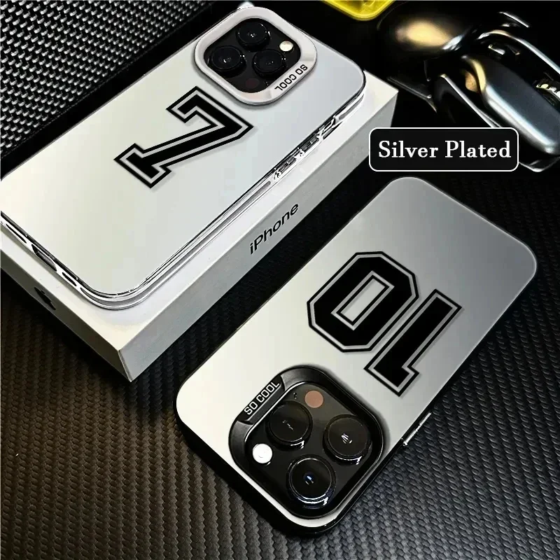 Lucky Numbers Football Electroplate Silver IMD Phone Case For iPhone 15 14 13 12 11 Pro Max XS X XR 7 8 Plus Shockproof Cover