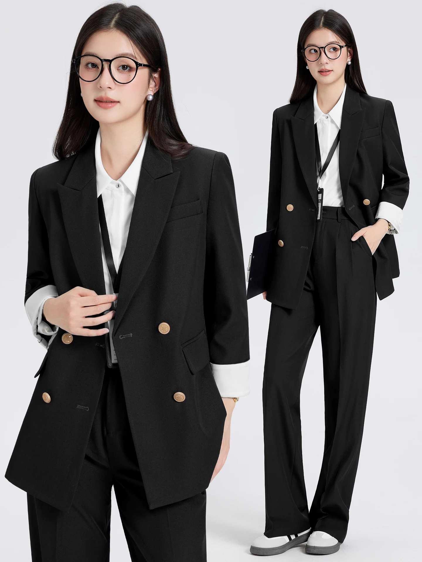 

Black Casual Leisure Women's Suit Jacket Commute University Career Set Polyester Fiber Long Sleeve Double Button Coat