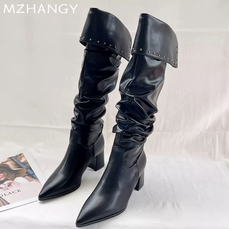 Stivali alti grossi da donna in pelle scarpe con tacco alto a punta Sexy inverno 2024 stivali Chelsea firmati di tendenza décolleté New Mujer Botas