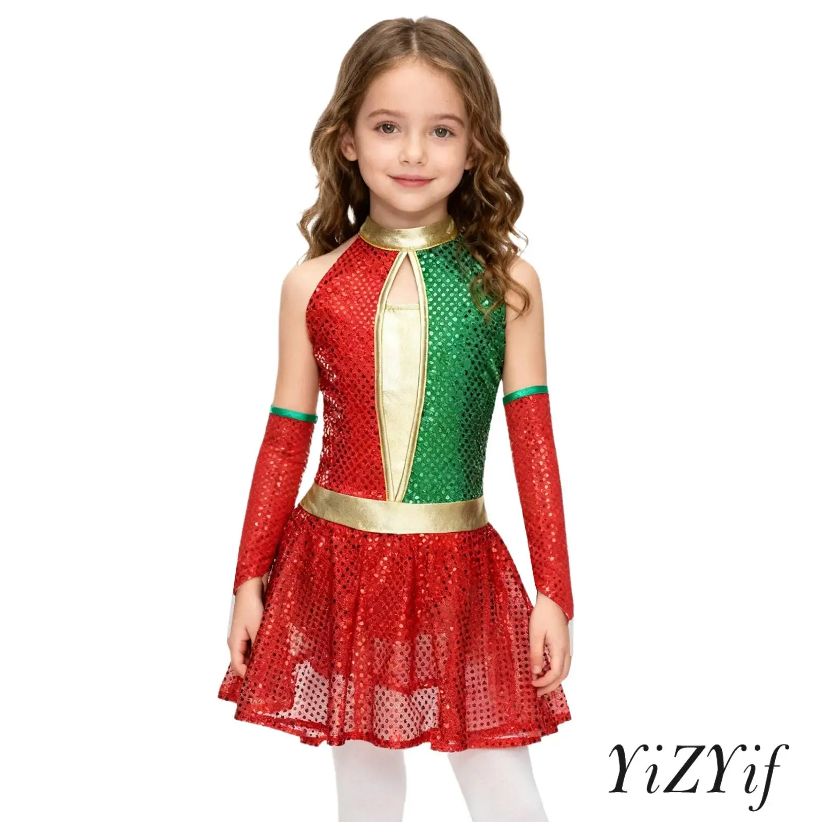 

Kids Girls Candy Cane Christmas Cosplay Dress Sequin Mesh Tutu Leotard Dress with Oversleeves Carnival Xmas Ballet Dance Costume