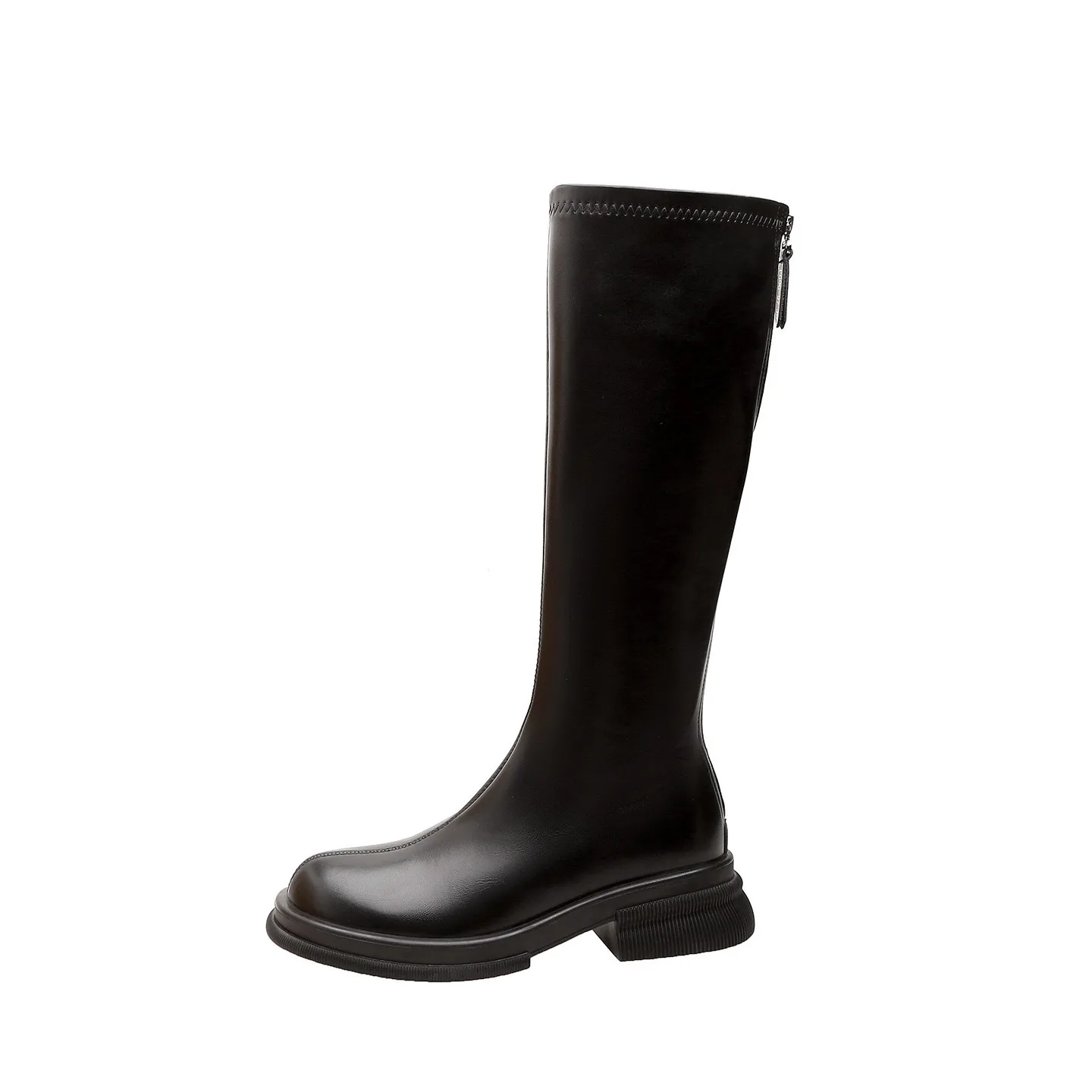 أحذية الفارس لخريف وشتاء 2025 أحذية طويلة ضيقة جديدة للنساء بإبزيم ذهبي صغير بمقدمة مستديرة ونعل سميك أحذية عالية الأنبوب