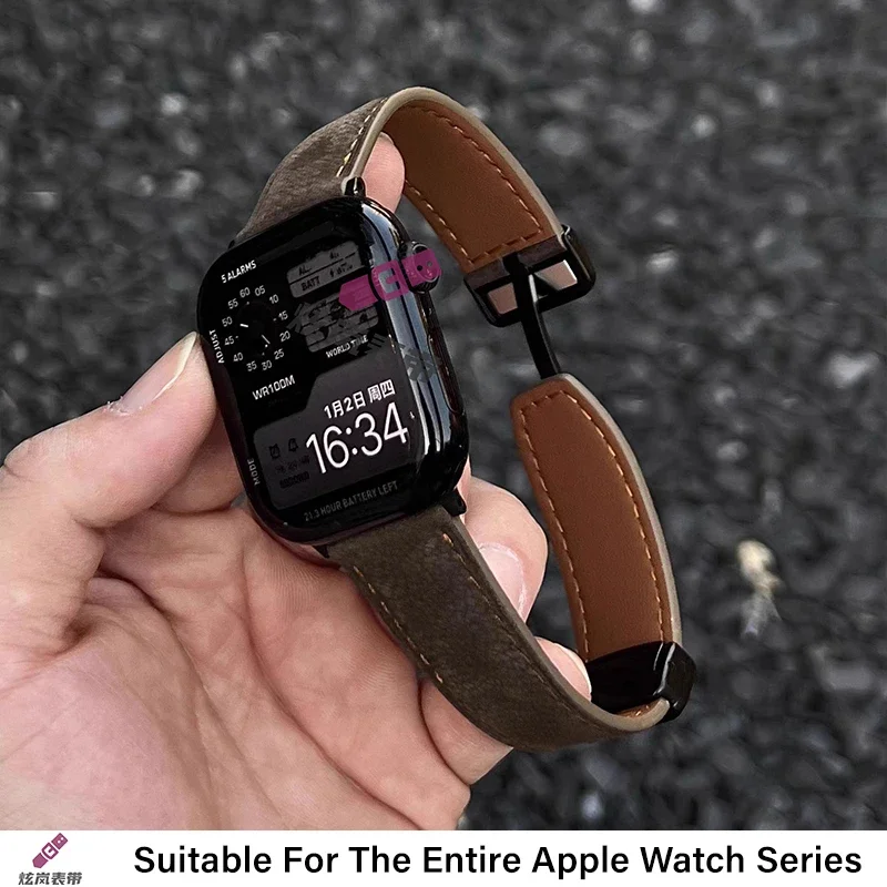 つや消しレザーライチパターン Apple Watch iwatch 時計ストラップ s10 本革磁気バックル 987