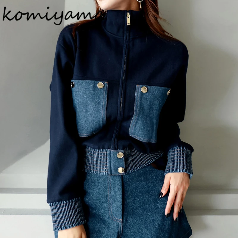 Hit Color Denim Women 2025 Outerwears Long Sleeve Chaquetas Mujer Stand Collar Zipper Jacket Double Pockets Jackets Korean Ropa