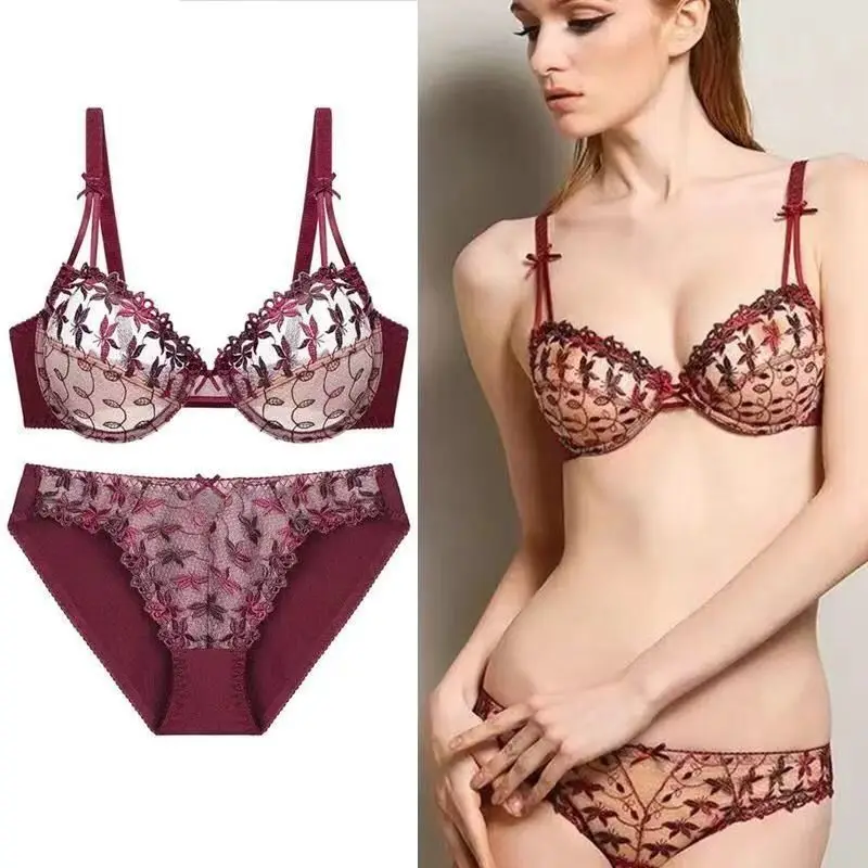 Pure Desire Victoria Thin Bra Set Lace Mesh Red Beautiful Back Sex Underwear Hold Up with Underwire Transparent Bra Woman