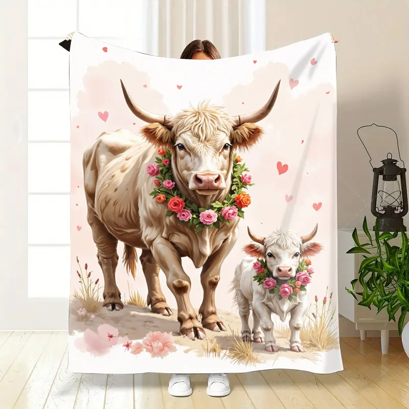 قطعة واحدة من بطانية الفانيلا البقرة الساحرة والعجل مع بطانية إكليل الأزهار - ديكور مريح على طراز المزرعة #5