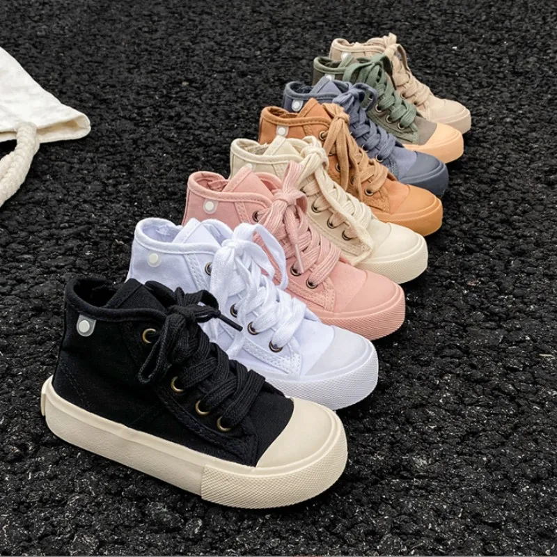 New Candy Color Children\'s High Top Canvas Shoes Spring Autumn New Boys Girls Casual Board Shoes Lace up Baby White Shoes 20-38