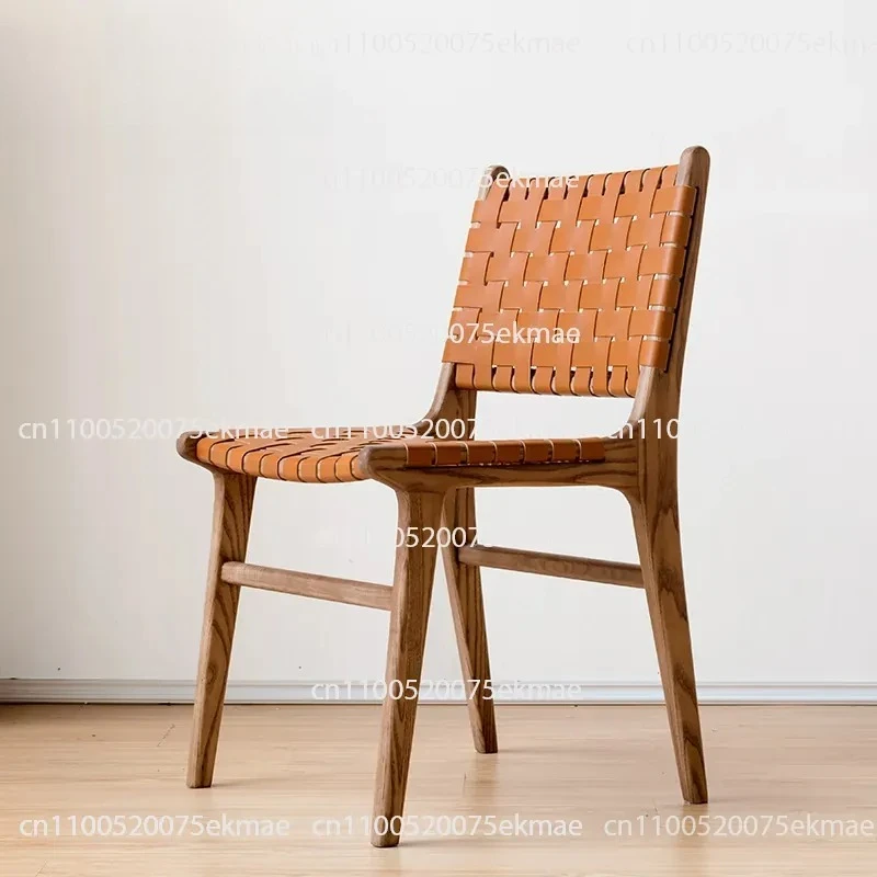 Leather Dining Chair Home Solid Wood Internet Celebrity Light Luxury Creative Retro Casual Back Woven Chair