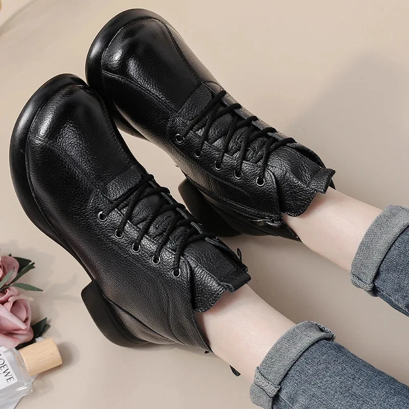 Winter Women Ankle Boots Large Size Dropshipping Non-slip Female Snow Boots Genuine Leather Retro Youth Warm Thick Sole Shoes