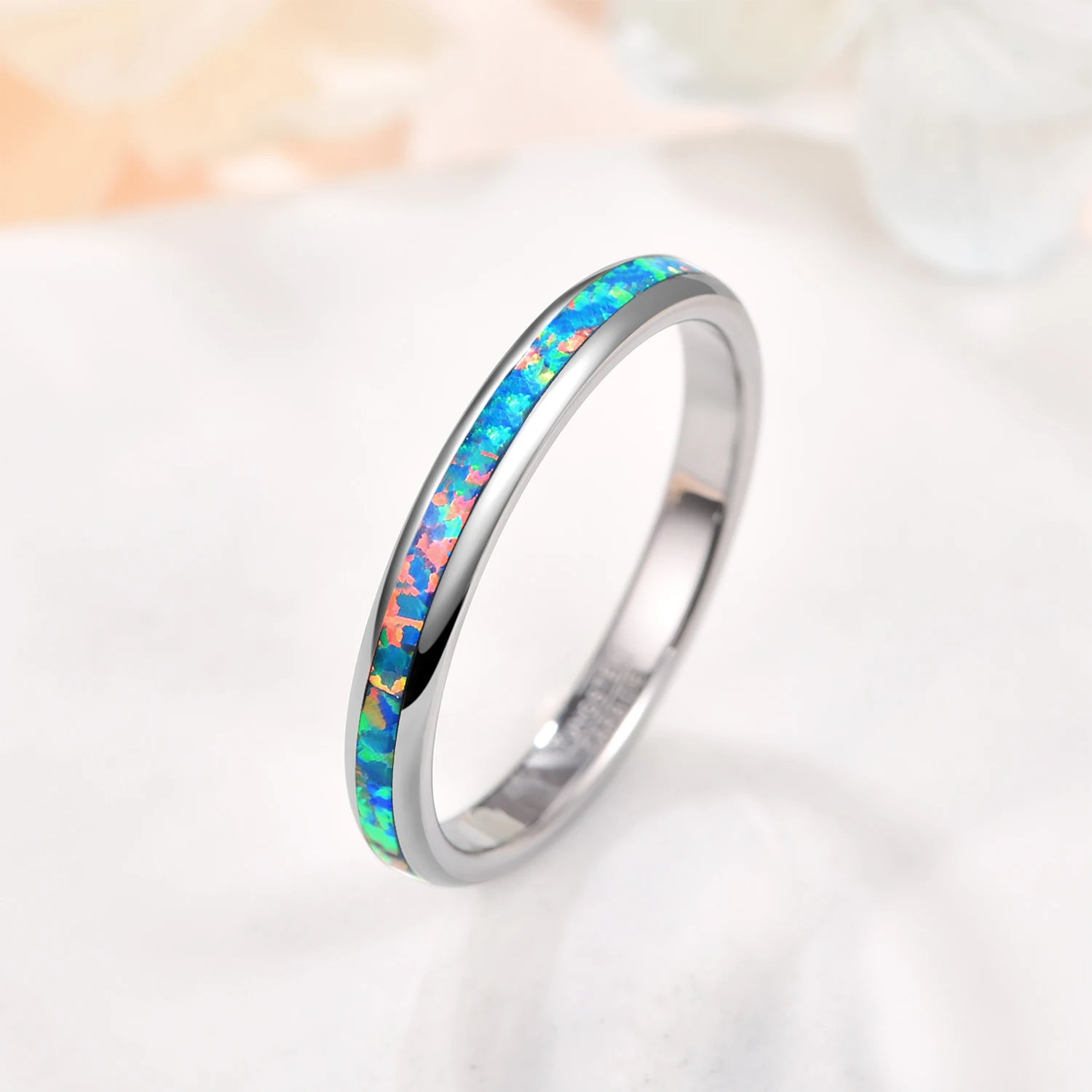 BONLAVIE 3mm Tungsten Carbide Ring Steel Color Dome Polished Inlaid Pink Blue Opal Women\'s Ring Wedding Best Gift Wholesale