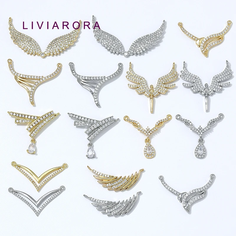 1Pc 18K Gold Plated Brass Angel Wing Feather Connector Charms CZ V Shape Wing Teardrop Pendant Charms For Jewelry Making