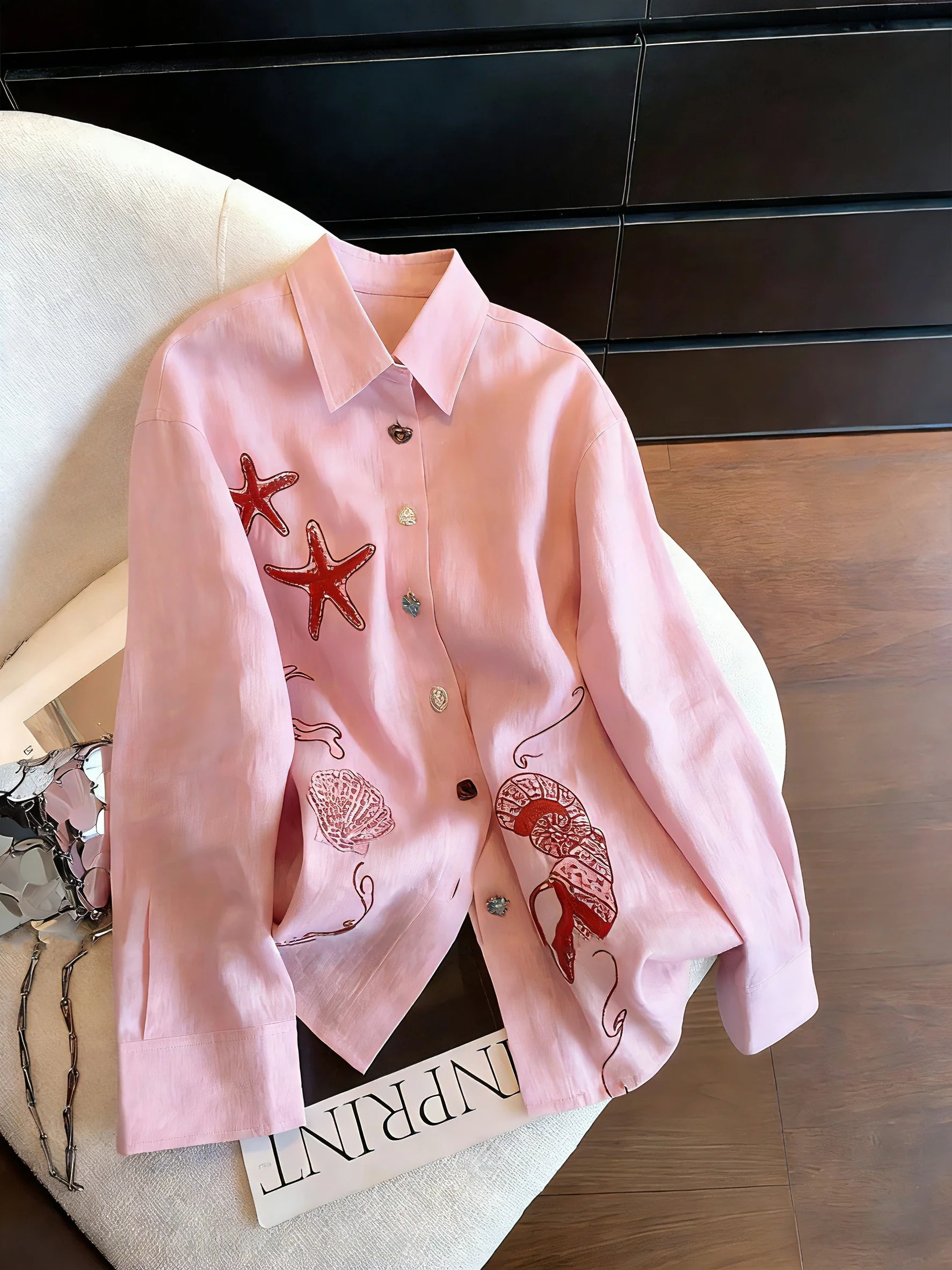 

Pink Cartoon Embroidery Loose Fit Shirt Stand Collar Blind Date Korean Style Straight Tube Long Sleeve Casual Women's Shirt