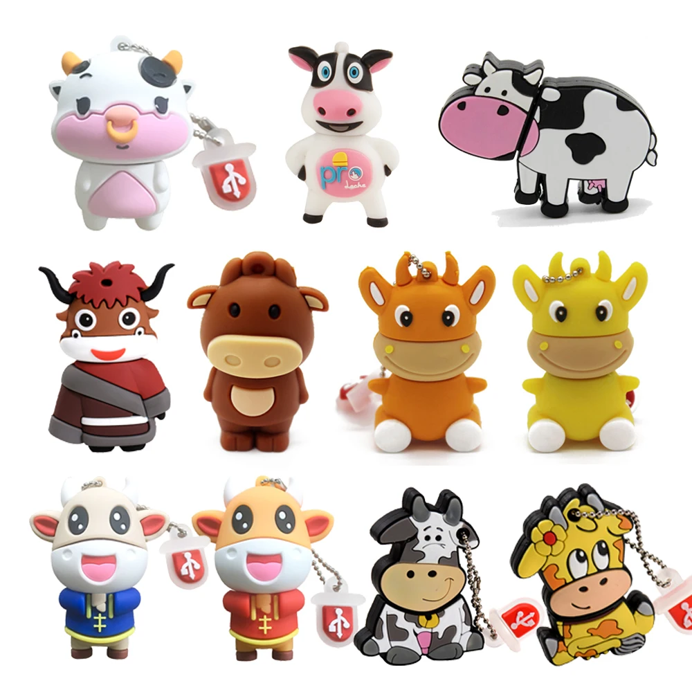 JASTER Cute Cows USB Flash Drives 64GB Cartoon Bull Pen Drive 32GB Creative Gifts for Kids Memory Stick 16GB Free Key Chain 8GB