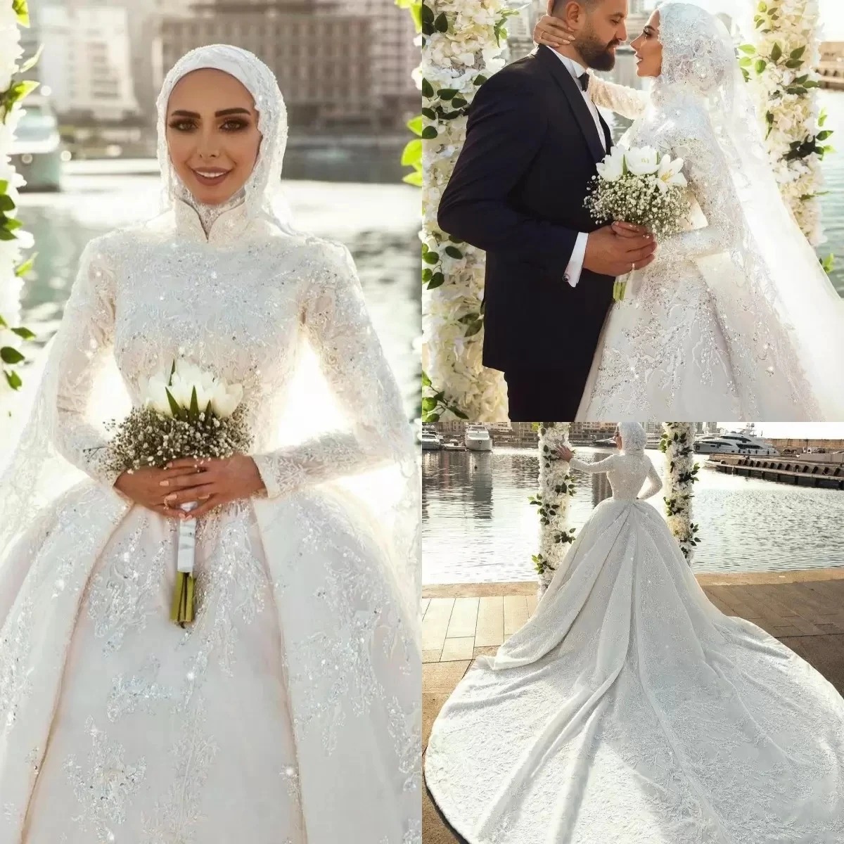 

Muslim 2023 Wedding Dresses Bridal Gowns Lace Appliqued Sequined Long Sleeve Vintage Plus Size Elegant Vestido De Noiva