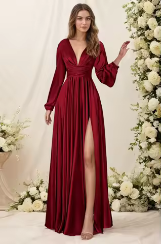 Long Sleeve Satin Bridesmaid Dresses A Line Slit Pleated Prom Dress Formal Evening Dress