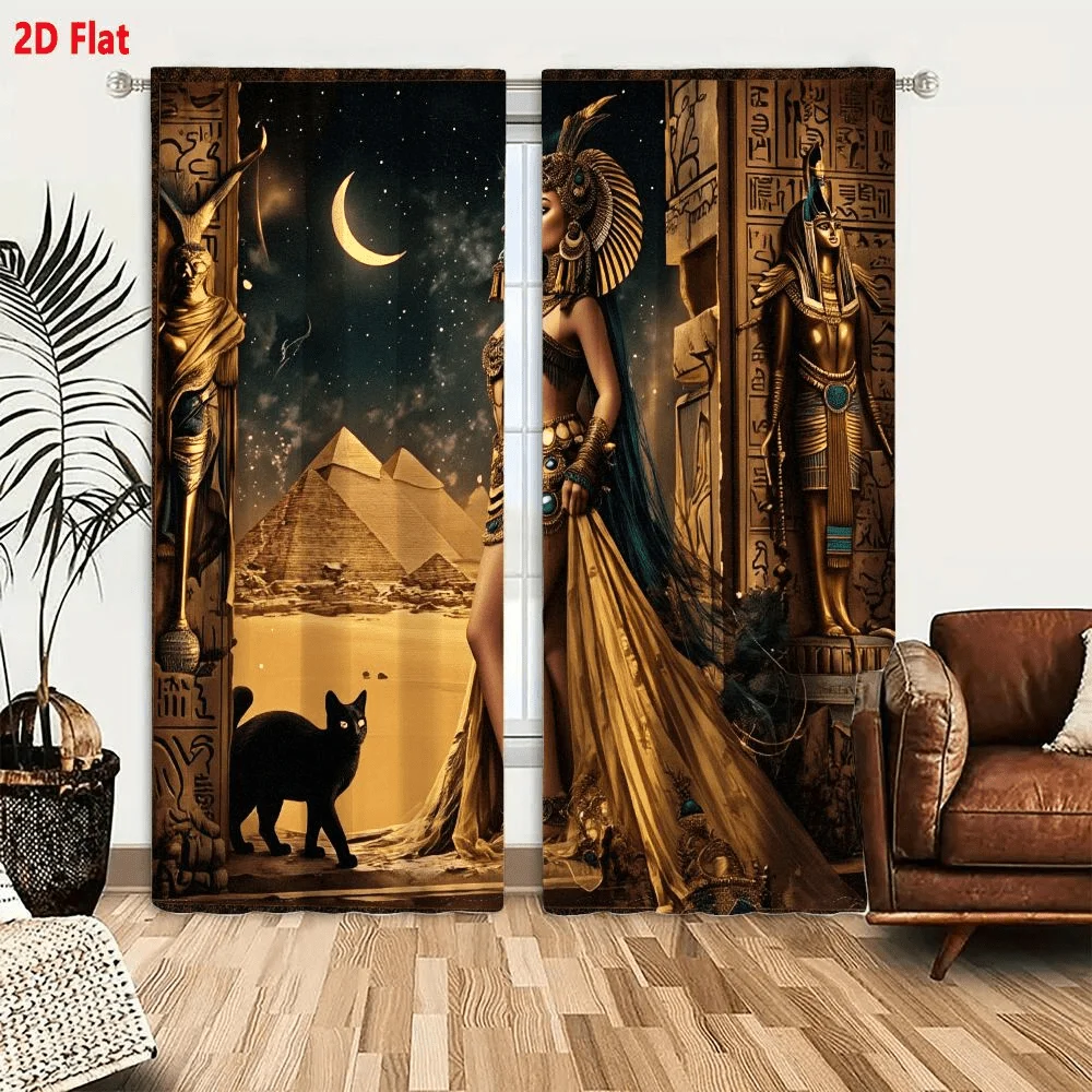 2PC Ancient Egyptian Goddess Curtains – Golden Headdress, Pyramids, Moon & Sacred Cat,  Rod Pocket for Living Room & Bedroom