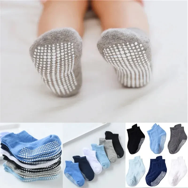 6 Pairs/Lot Cotton Baby Anti-slip Boat Socks For Boys Girls Low Cut Floor Kids Toddler Sock With Rubber Grips For 0-3Years