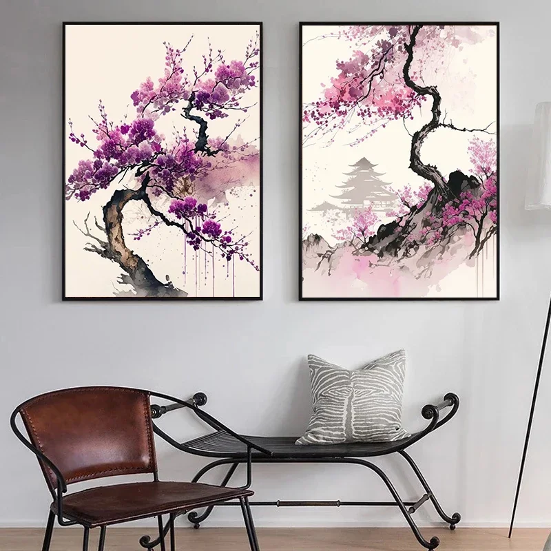 Japanese Classical Cherry Blossoms Landscape Poster and Picture Vintage Sakura Wall Art Print Scenery Canvas Painting Home De