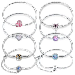 New Bracelets 925 Silver Original Pink Princess Glow Cat Claws Heart Shaped Bracelets Fit DIY Charms Beads Birthday Jewelry Gift