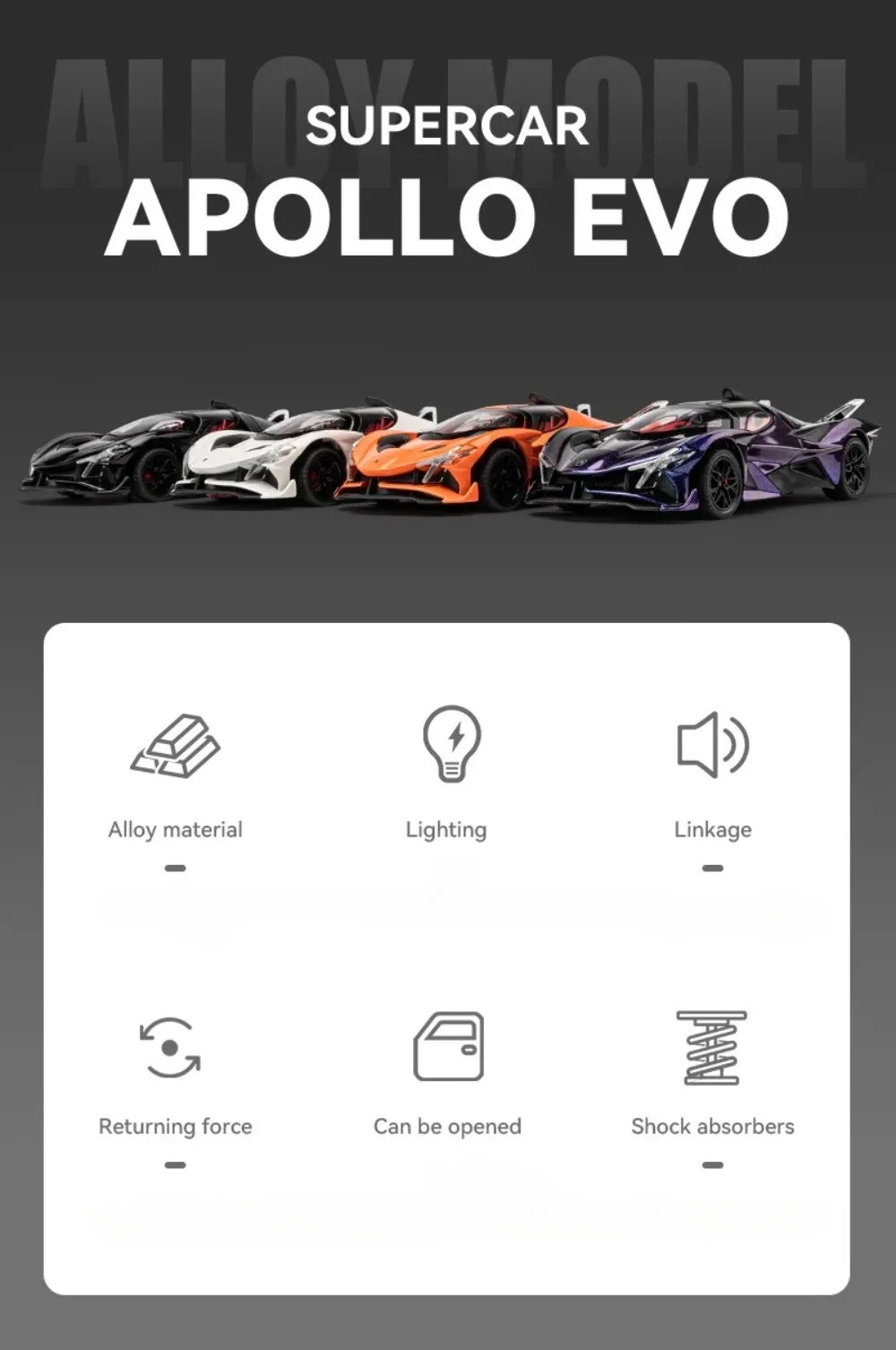 1:24 Eldorado EVO Miniature Toy Sports Car Models Alloy Diecast Sound Light Doors Opened Pull Back Sports Cars for Boys Gifts