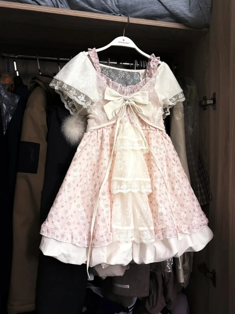 اليابانية Kawaii الحلو النساء أطقم فساتين خمر الجنية حزام تصميم فساتين قصيرة Harajuku أزياء من الدانتل الإناث ملابس أنيقة غير رسمية