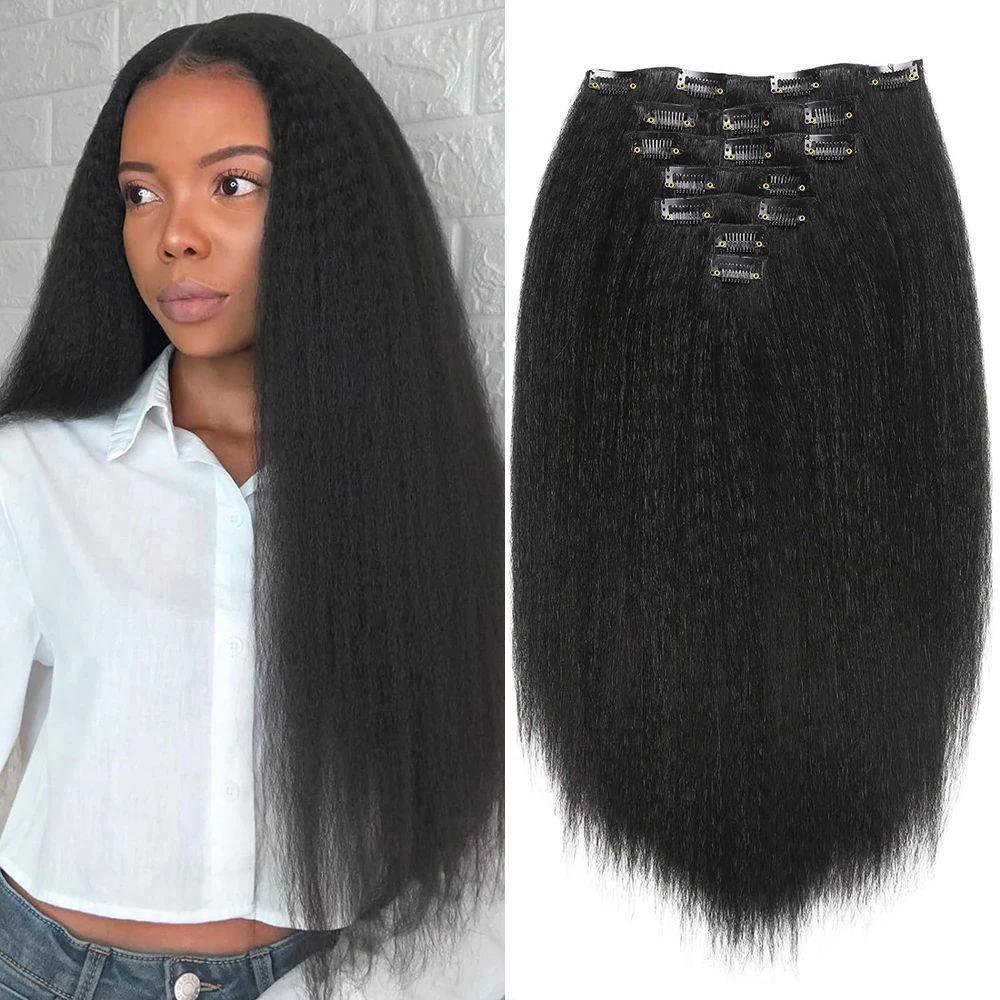 

Кудрявые прямые заколки для наращивания волос на всю голову Яки, прямые заколки для чернокожих женщин, натуральные черные синтетические волосы, 7 шт.