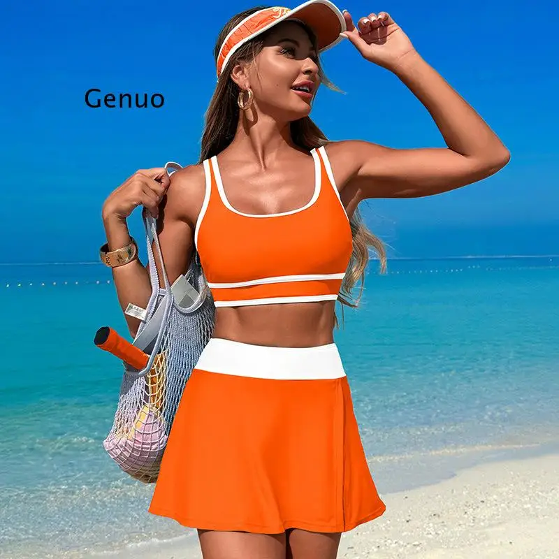 

Sporty 2 Piece Skirted Bikini Set High Waist Contrast Trim Swimwear
