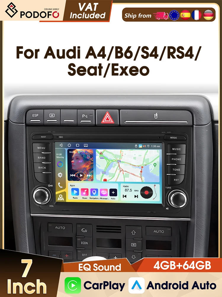 Podofo 7'' Wireless Carplay Autoradio für Audi A4 2002-2007 S4 RS4 B6 B8 B7 Android Auto Wifi GPS FM RDS Auto-Multimedia-Player