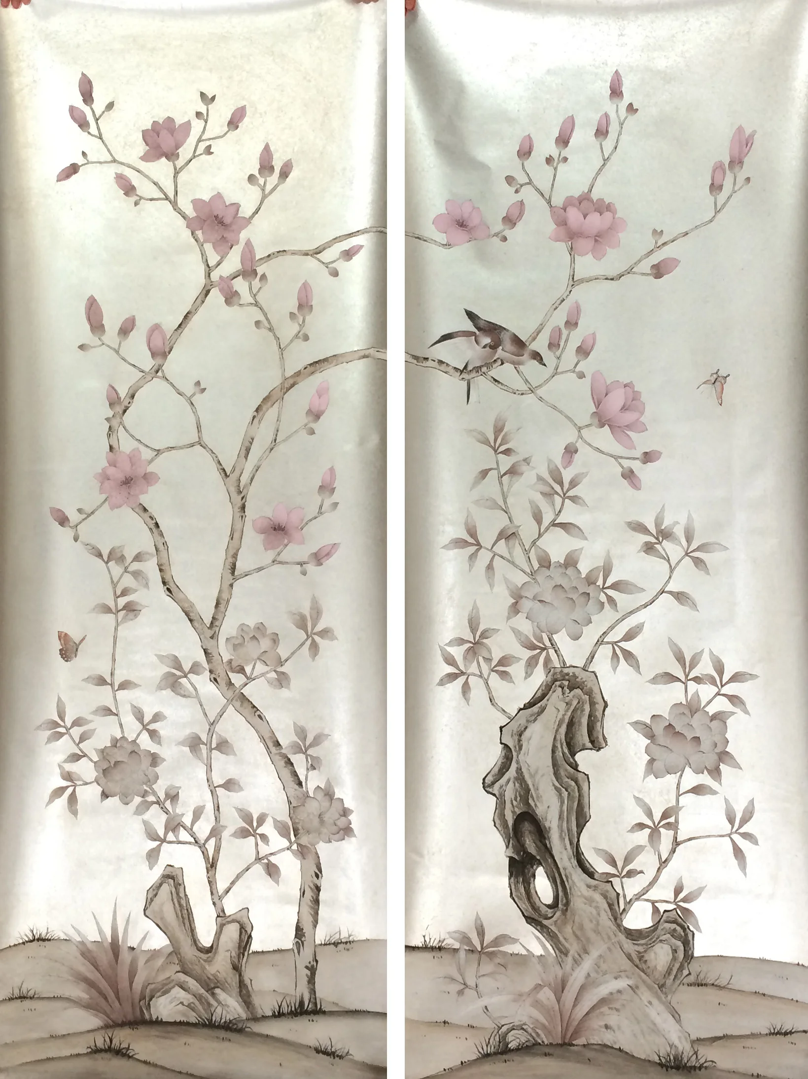 Custom Luxury gild wallcovering Hand Painted Magnolia &Bird Gold/Silver Foil Wallpapers for TV/Bedroom/Living/Dinning/Porch/Sofa