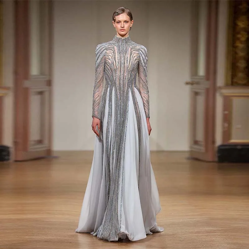 

L543 Customized Long Sleeves blue grey Beaded فساتين السهرة vestidos de fiesta فساتين سهره evening dresses